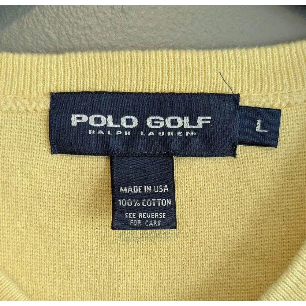 Vintage Polo Golf Ralph Lauren Mens Large Yellow V Neck Sweater Vest Cotton USA